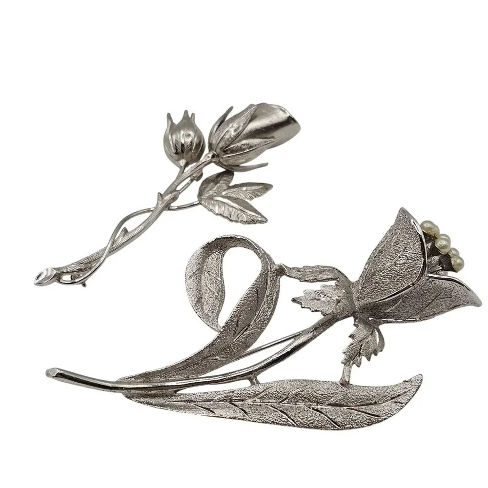 2PC Brooch SilverTone Spring Tulip Lily Floral Lapel Pin Brooch Lot Stmt Elegant